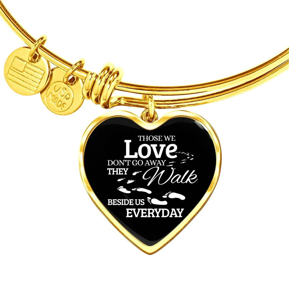 Those We Love Don't Go Away Footprints Personalized Engraved Gold Heart Bangle